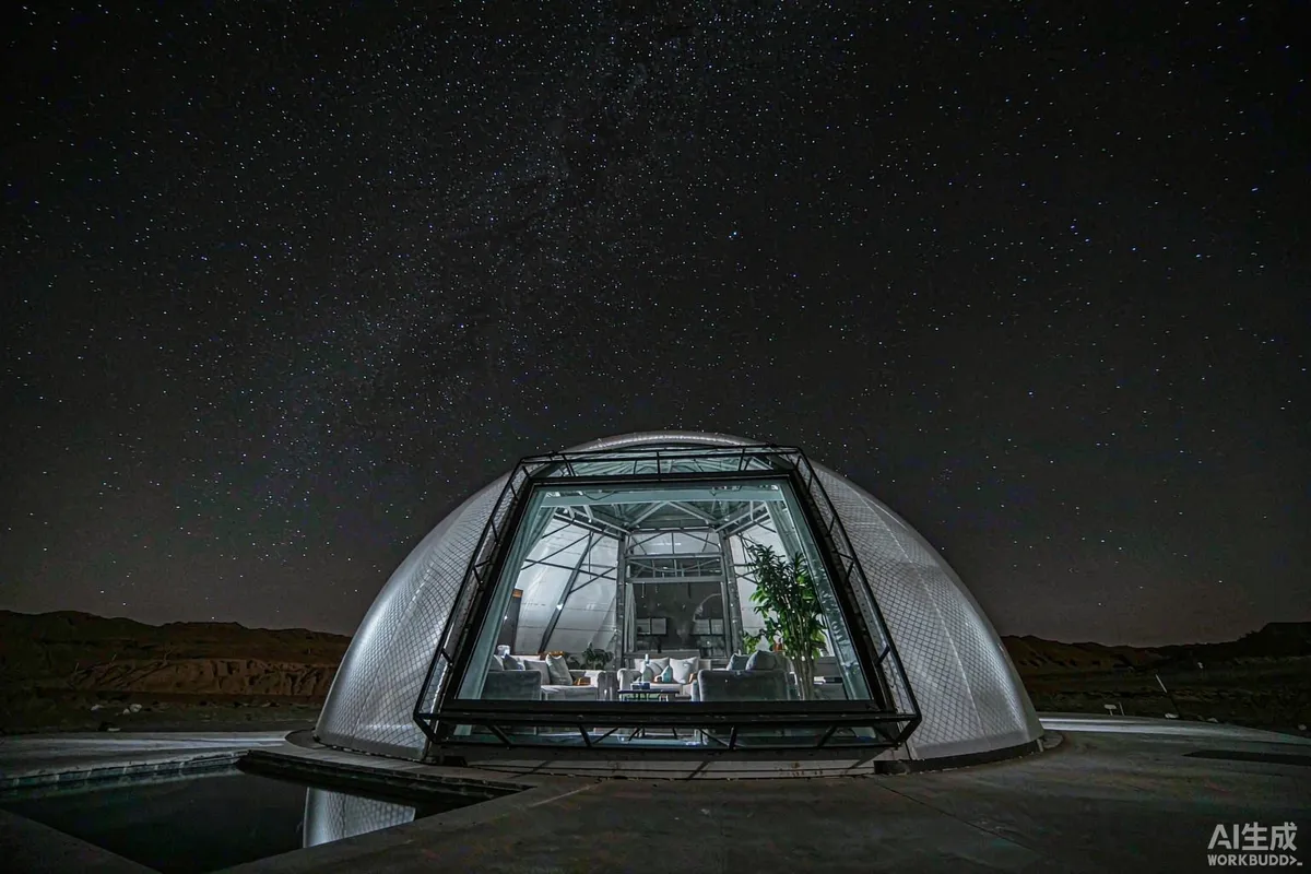 Space capsule home with a large panoramic skylight under a star filled sky in a remote desert at night