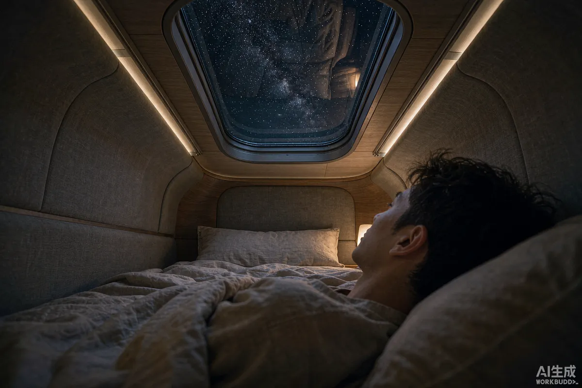 Reclining figure on a bed looking up through a glass skylight at the night sky inside a capsule home