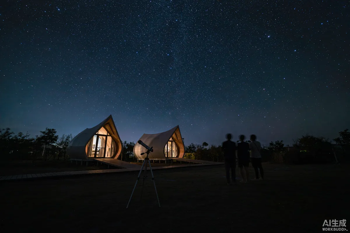 Silhouettes of three people with a small telescope beside two capsule homes under a starry sky at night