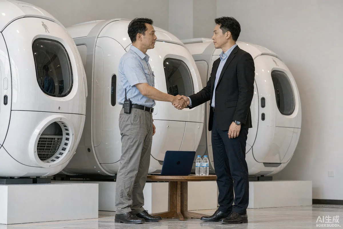 Dealer and factory representative shaking hands in front of a capsule home