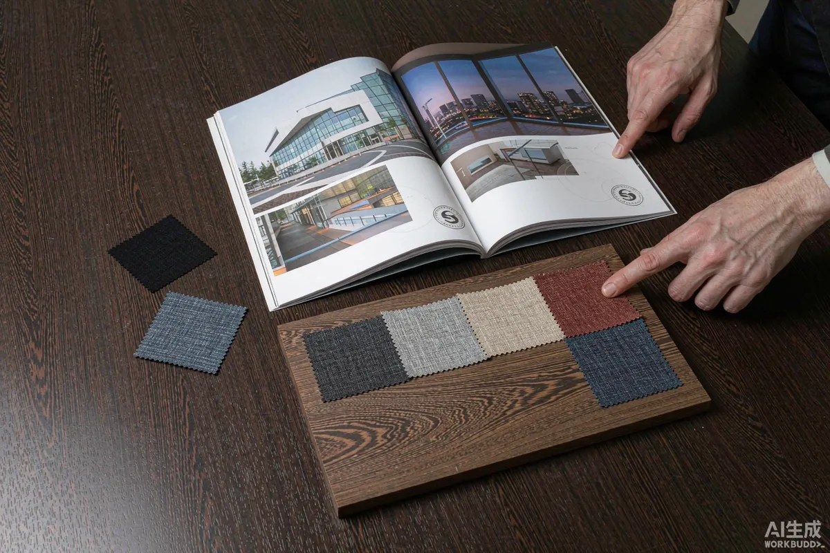 Product brochure pages and material samples spread on a table