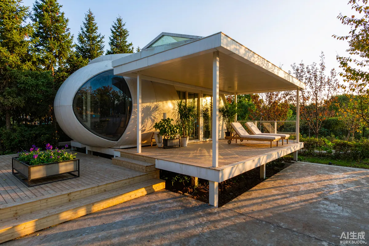 Capsule home with a wide timber deck, lounge chairs and a low planter in late afternoon sun