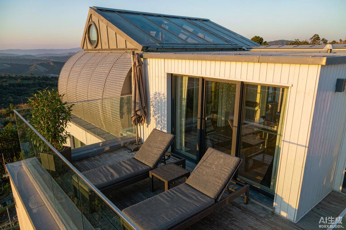 Rooftop terrace on a double deck capsule home with glass railing and lounge chairs at golden hour