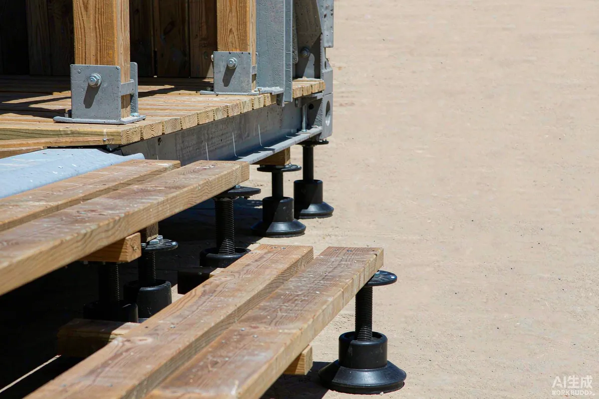 Underside of a timber deck showing joists, adjustable pedestals and a steel bracket fixing