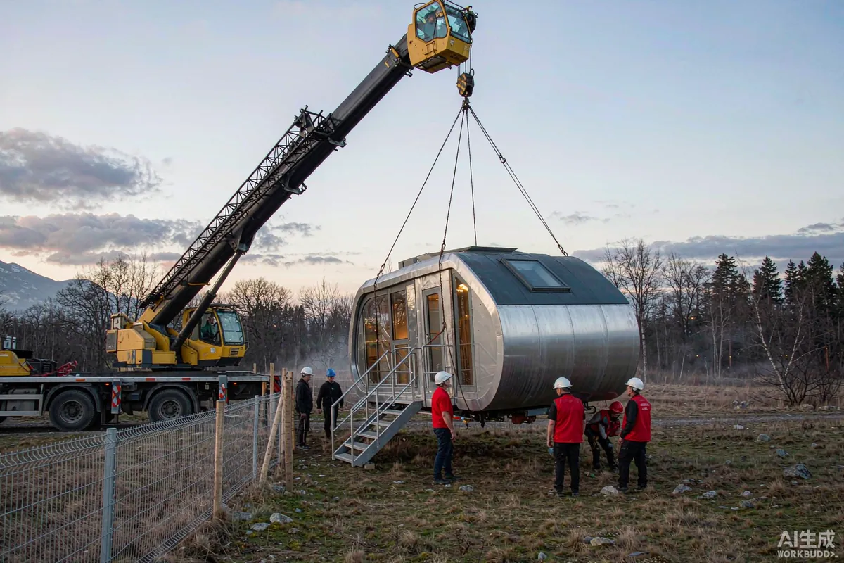 Mobile crane lifting a prefab capsule home over a fence onto a rural site at dawn
