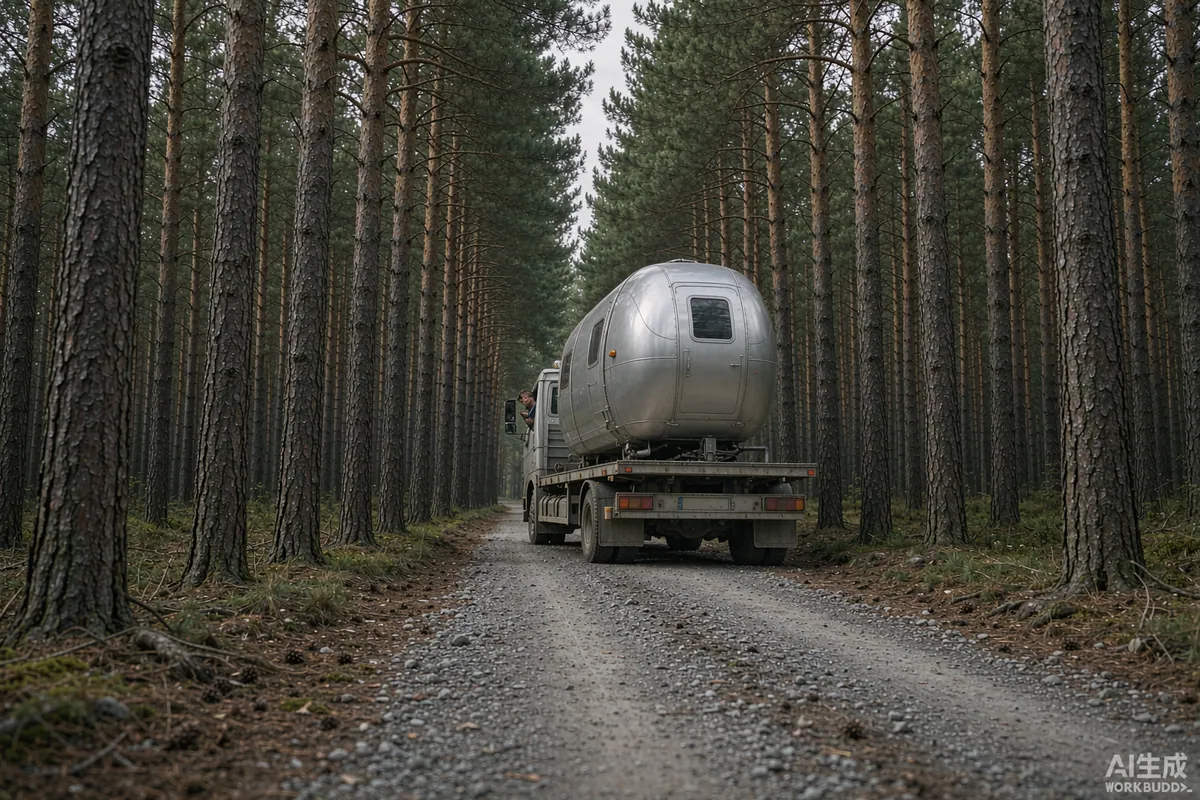 Narrow gravel access road between pine trees with a flatbed truck carrying a capsule home