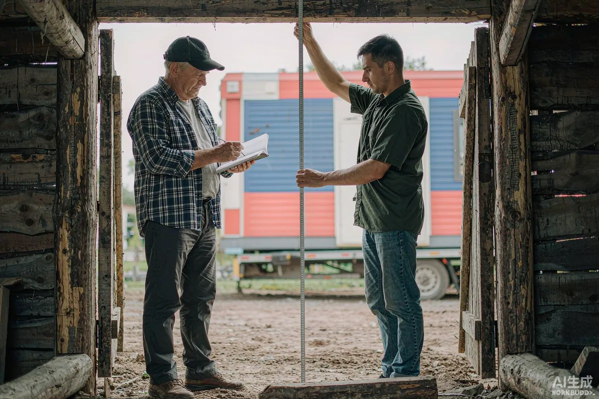 Two site crew members measuring a gate opening with a tape measure before delivery