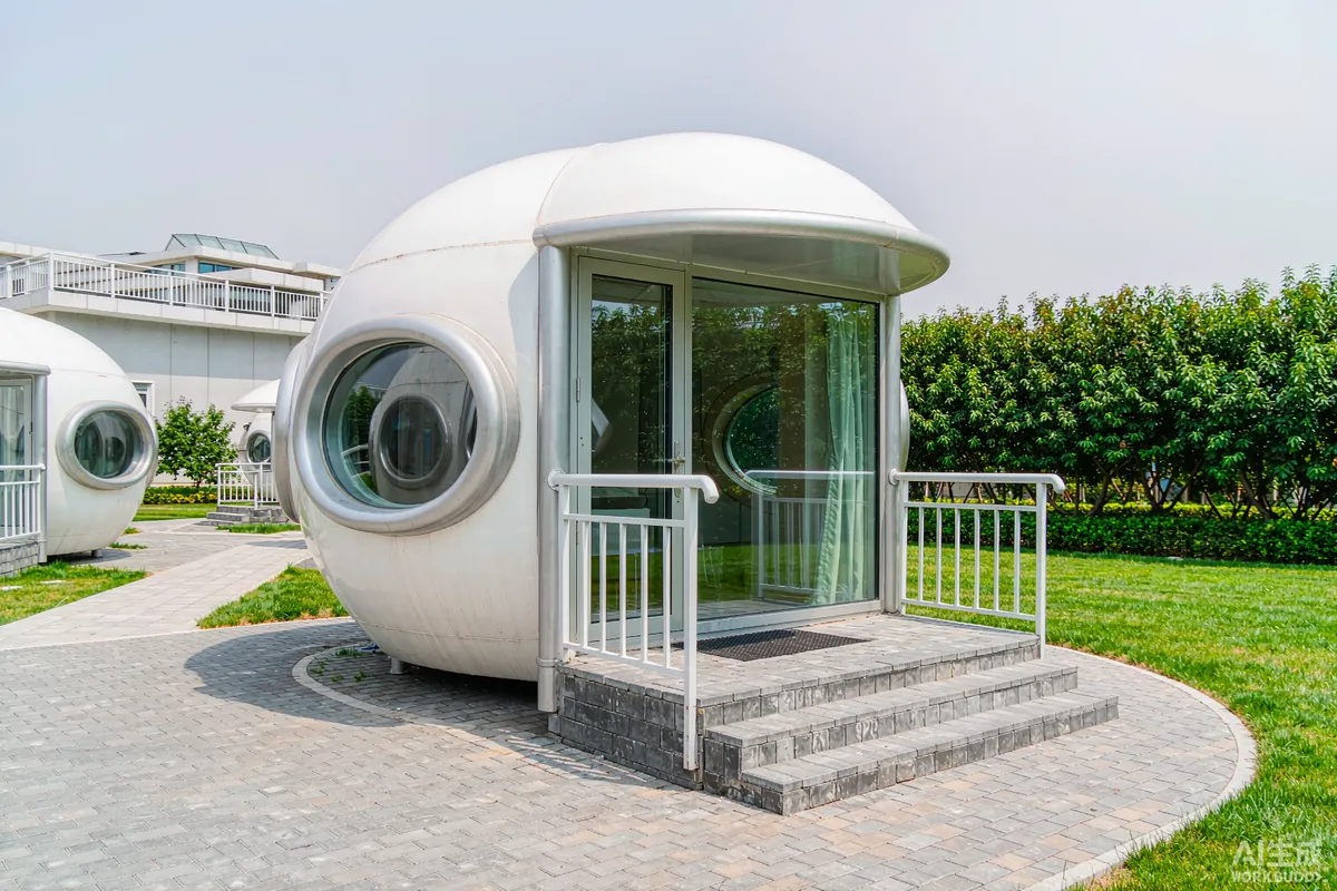 Prefab space capsule home set up as a display unit on a paved outdoor lot with entry deck and landscaping
