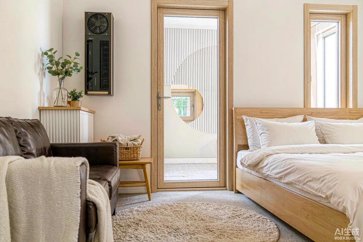 Furnished display capsule home interior staged for visitors with seating, made bed and welcome table