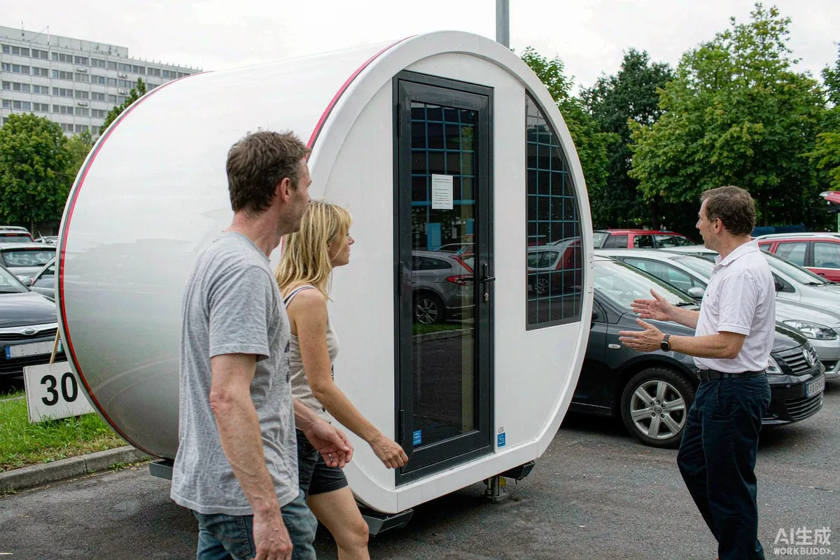 Two visitors walking around a display capsule home on a dealer lot with a salesperson
