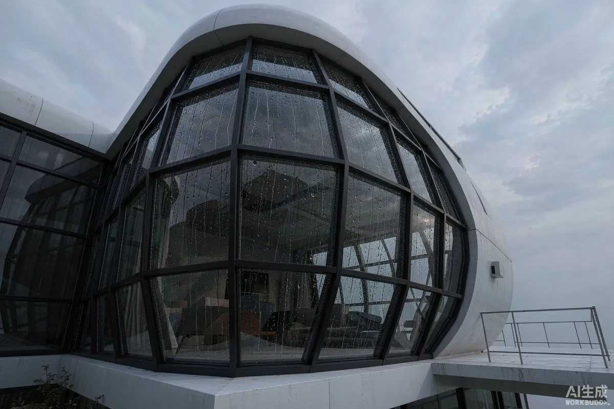 Space capsule home exterior after rainfall with water beading on large panoramic glass panels and metal frame joints