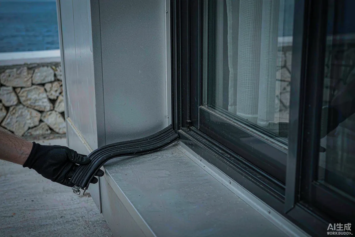 Gloved hand inspecting a black rubber door seal and metal threshold of a prefab capsule home entrance