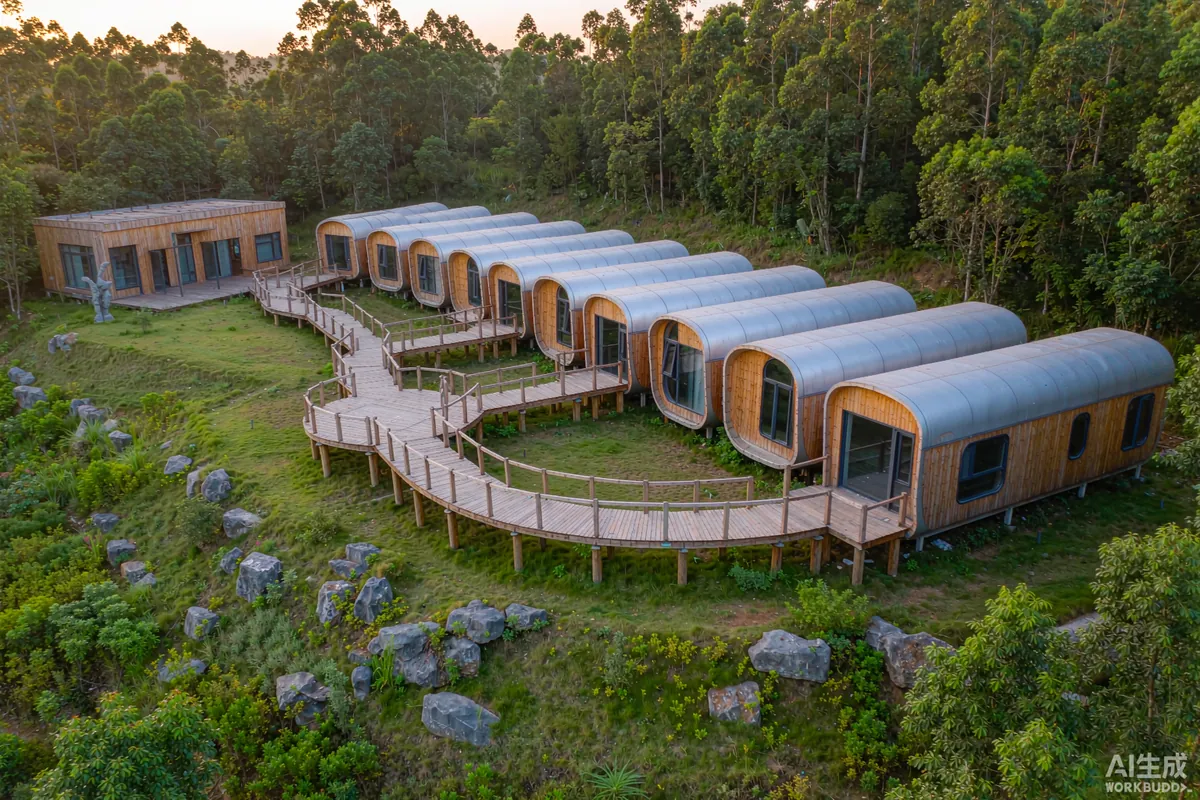 Row of space capsule homes nestled in a forest clearing with timber boardwalk paths at dawn