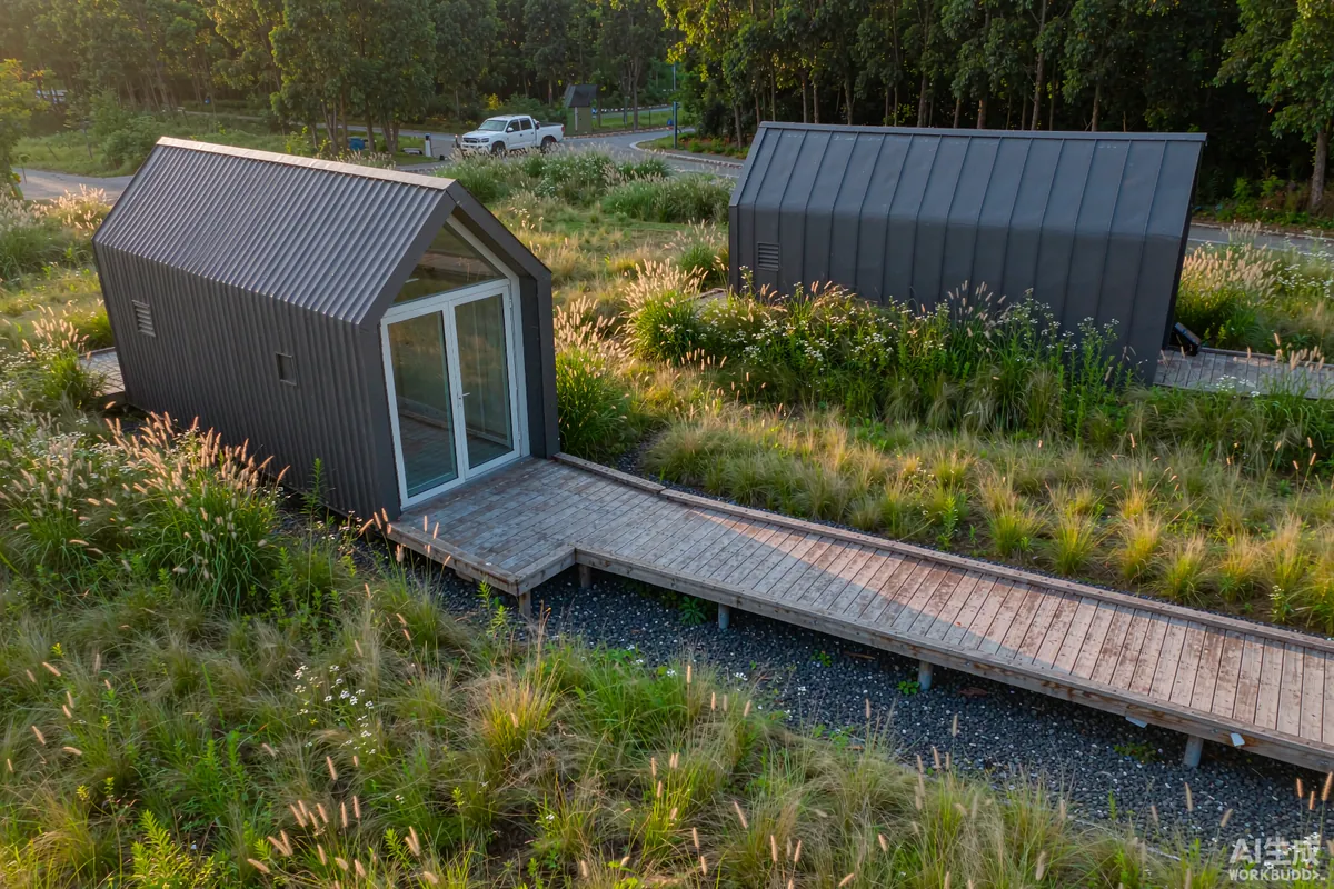 Raised timber boardwalk crossing native grassland between two capsule homes