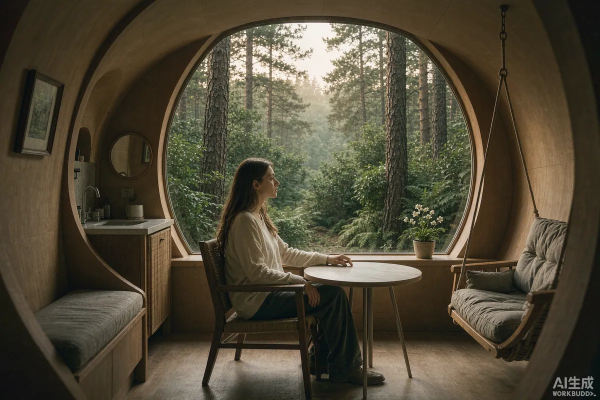 Guest sitting by a panoramic window inside a forest capsule home looking at trees