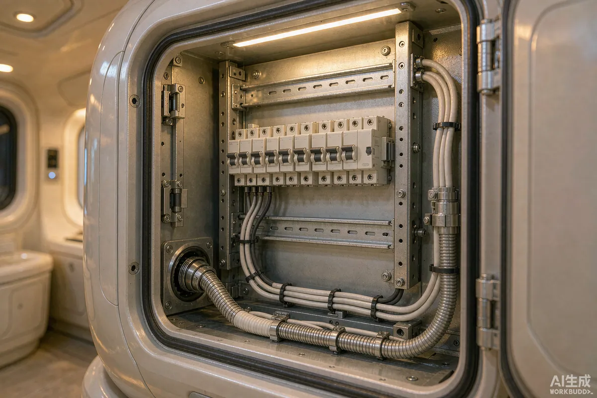 Electrical distribution board inside a space capsule home with neatly routed conduit