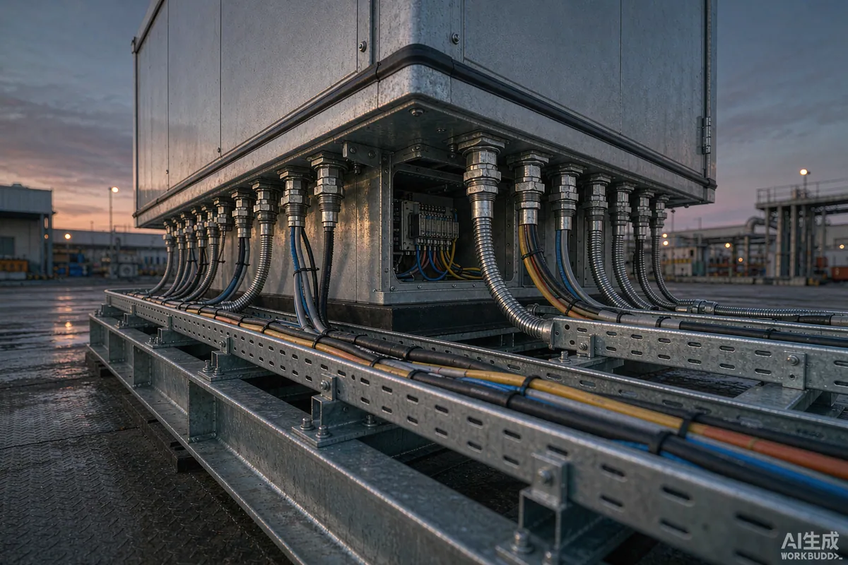 Service cables and conduit entering a prefab capsule home along a steel skid