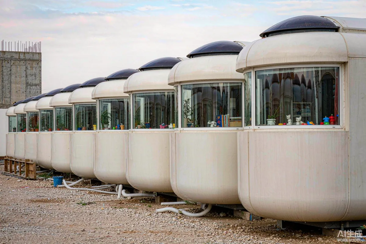 Row of prefab capsule homes placed as temporary shelter units on a prepared gravel site