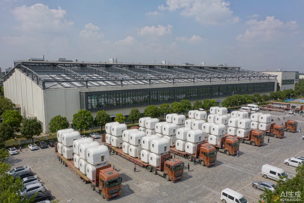 Flatbed trucks delivering capsule home modules to a staging yard for deployment