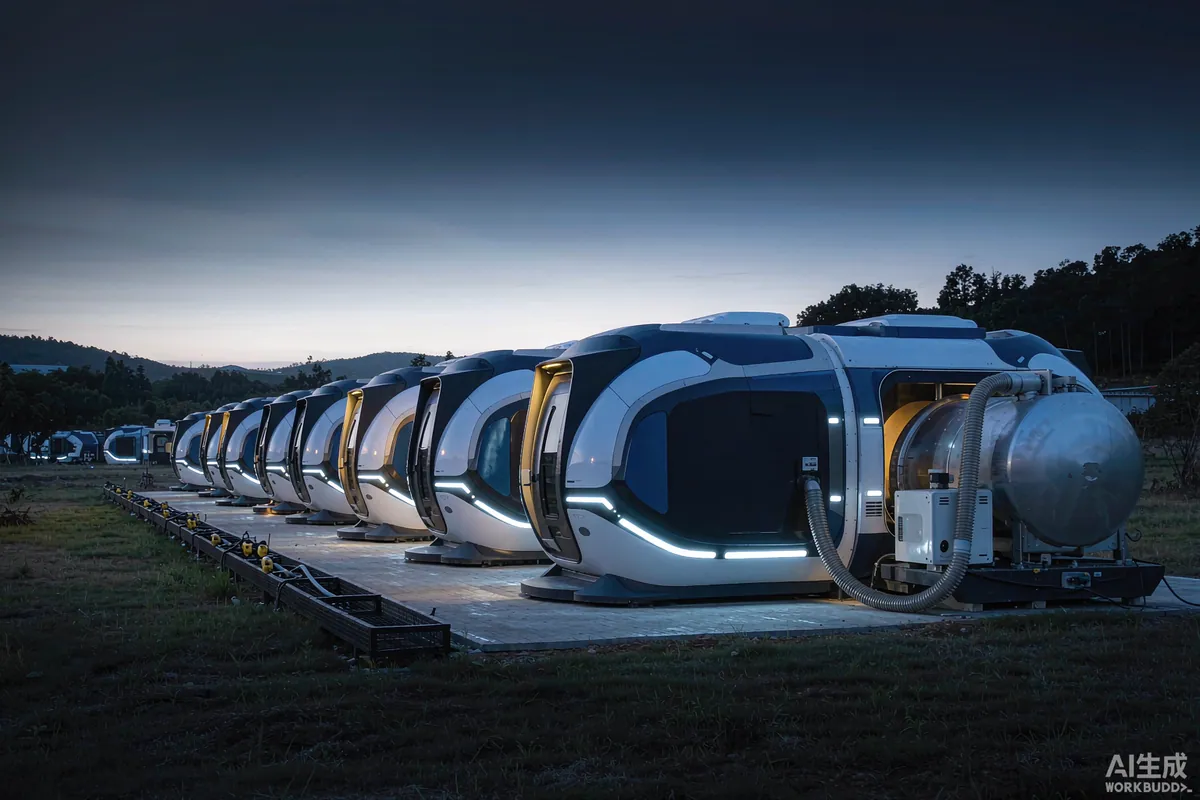 Temporary utility hookups and a generator serving a row of capsule shelter units at dusk