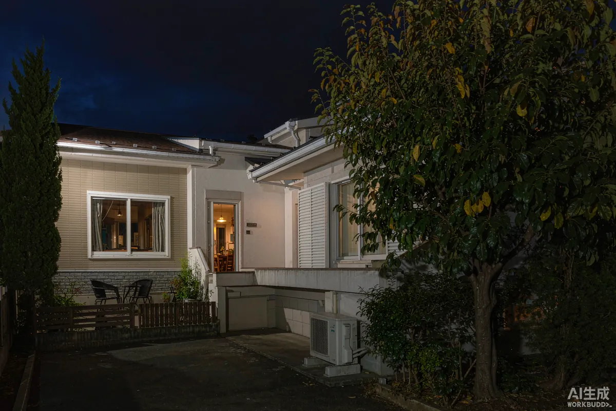 Space capsule home at night with warm interior lights on and a compact heat pump unit outside