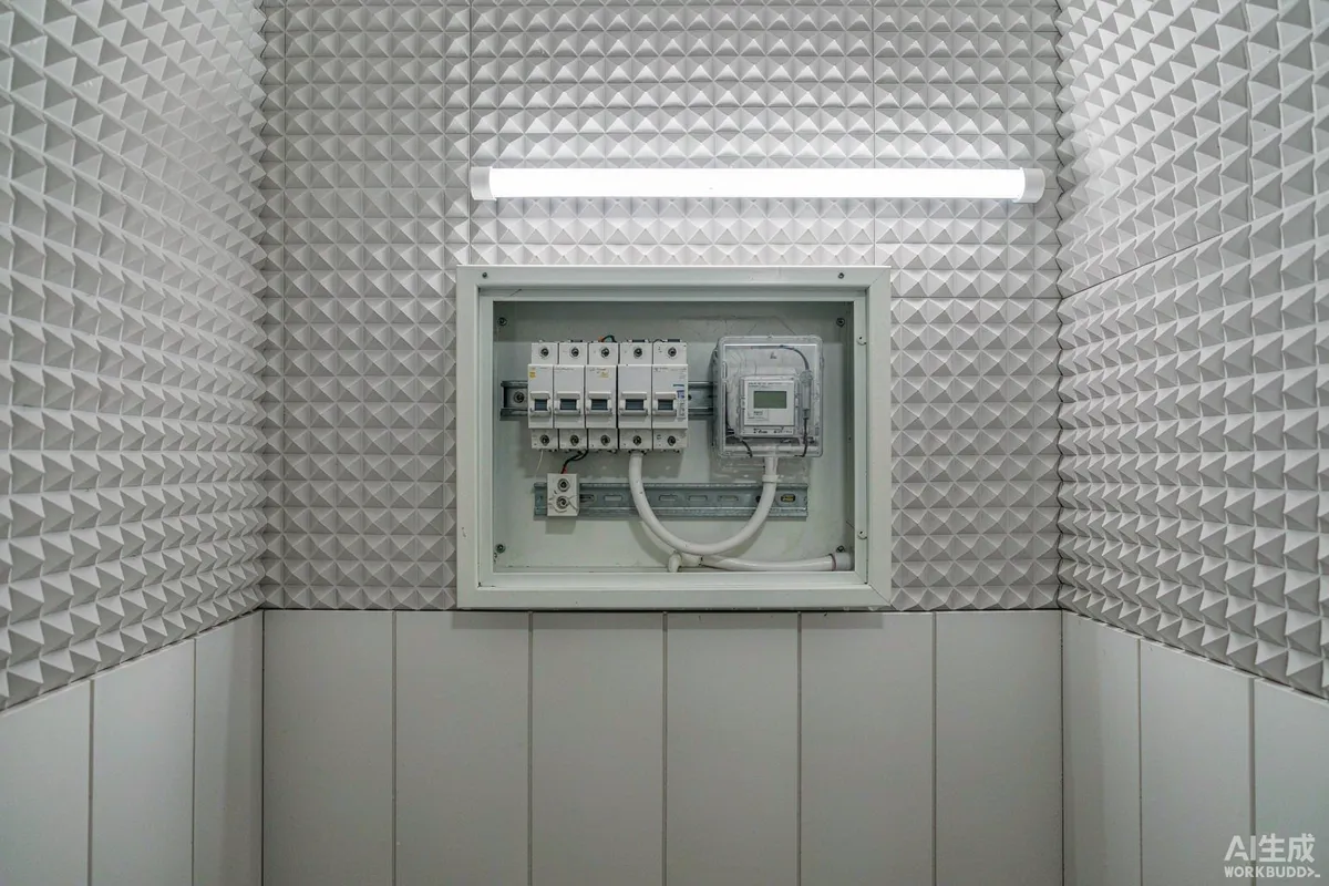 Electrical distribution board with circuit breakers and a small energy meter inside a capsule home utility panel