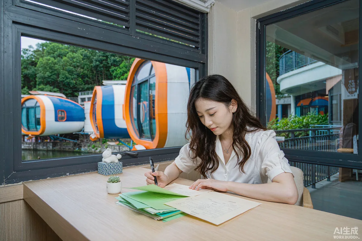 Resort operator at a wooden desk reviewing printed utility statements beside a window overlooking capsule homes