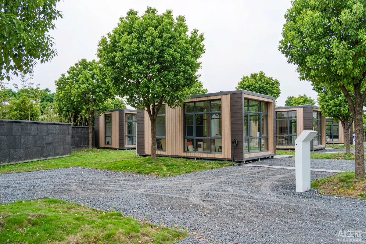 Prefab capsule home park with an EV charging pedestal beside a gravel parking bay