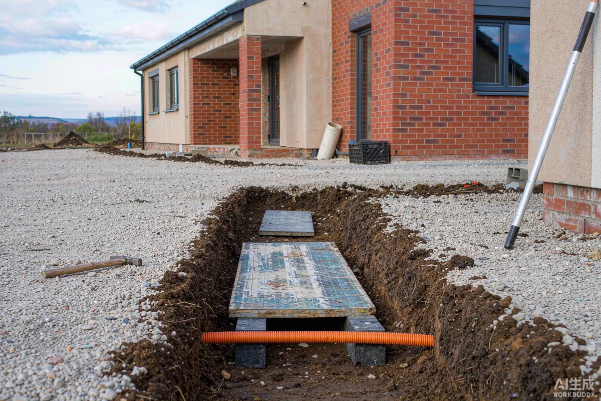 Shallow service trench with orange electrical conduit being laid across a gravel path at a capsule home park