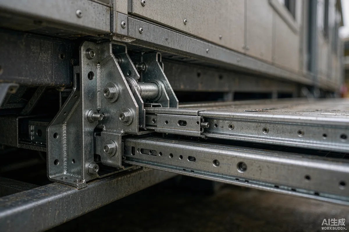 Close up of a folding hinge assembly and steel slide rail on an expandable prefab house module
