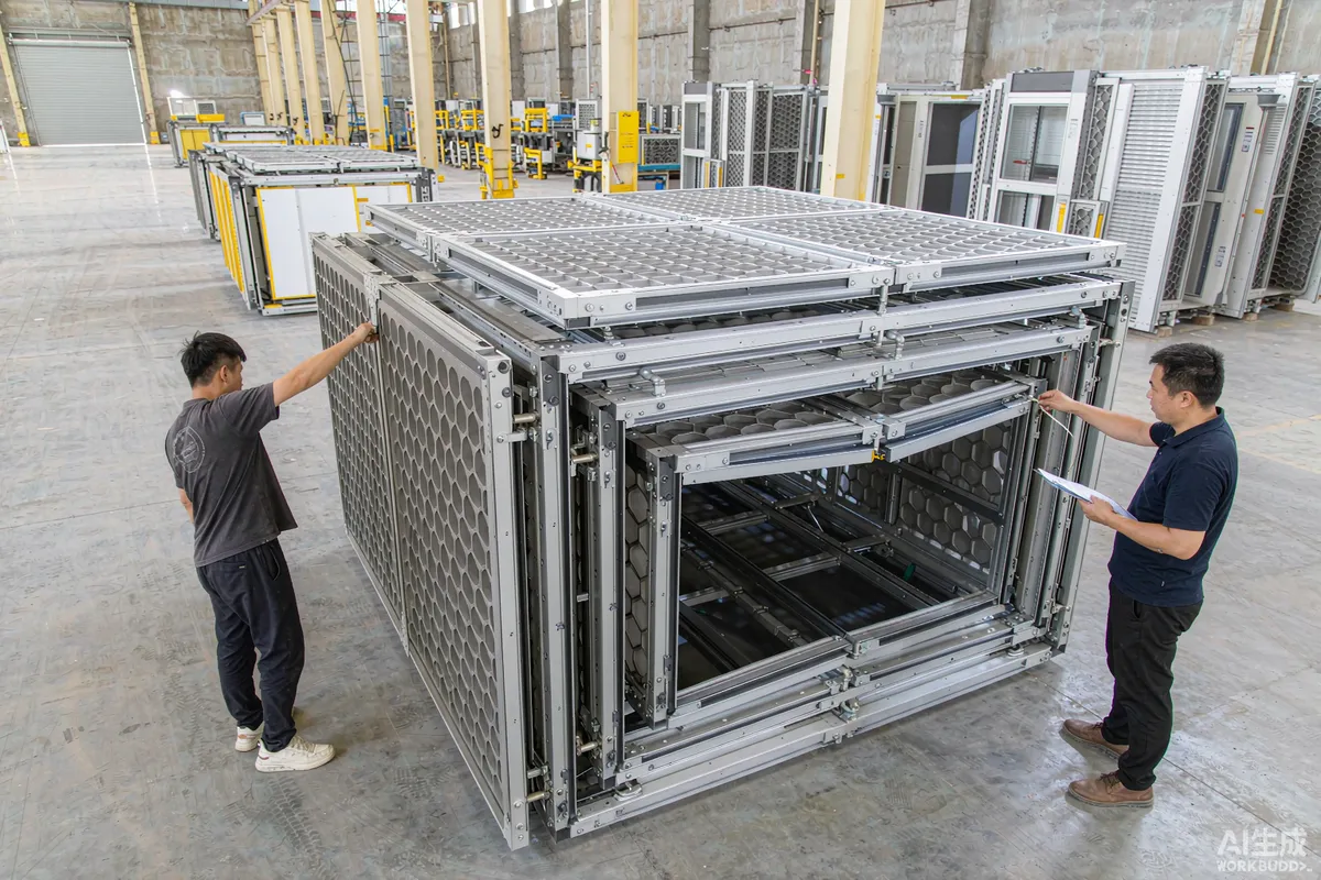 Two technicians inspecting a folded expandable prefab capsule unit on a factory floor with a checklist