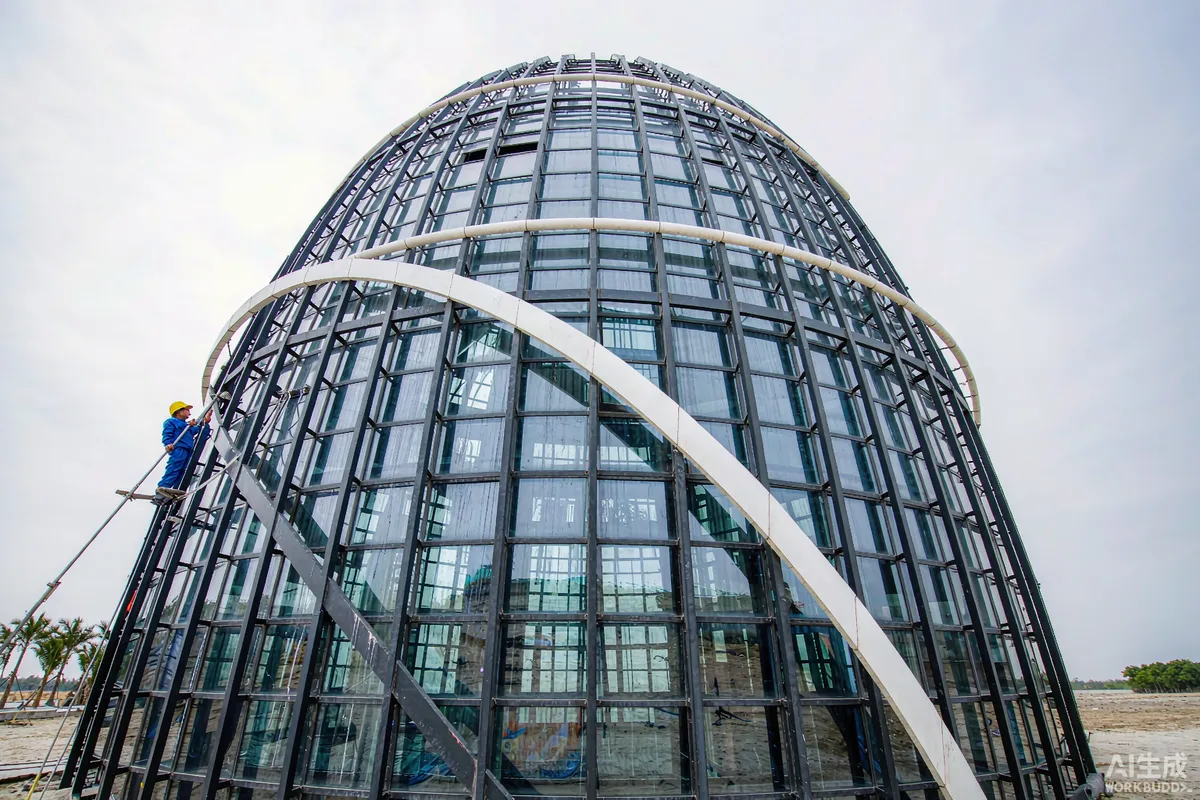 Worker washing the curved glass exterior of a space capsule home with a long water fed pole