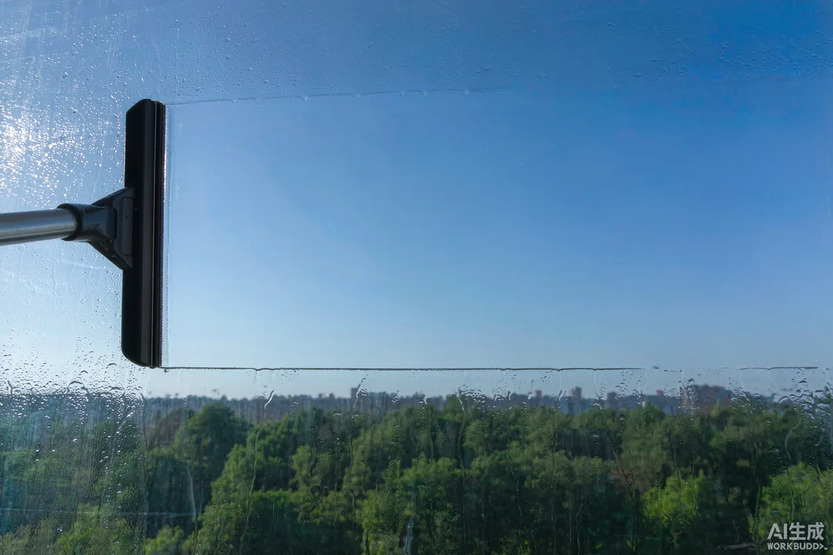 Squeegee drying a large panoramic glass panel with a streak free reflection of sky and trees
