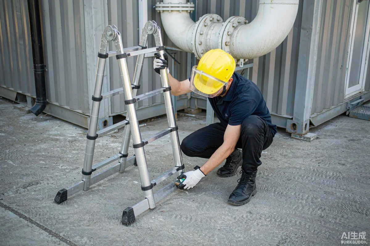 Worker checking the rubber foot of a telescopic ladder on level ground beside a metal prefab unit