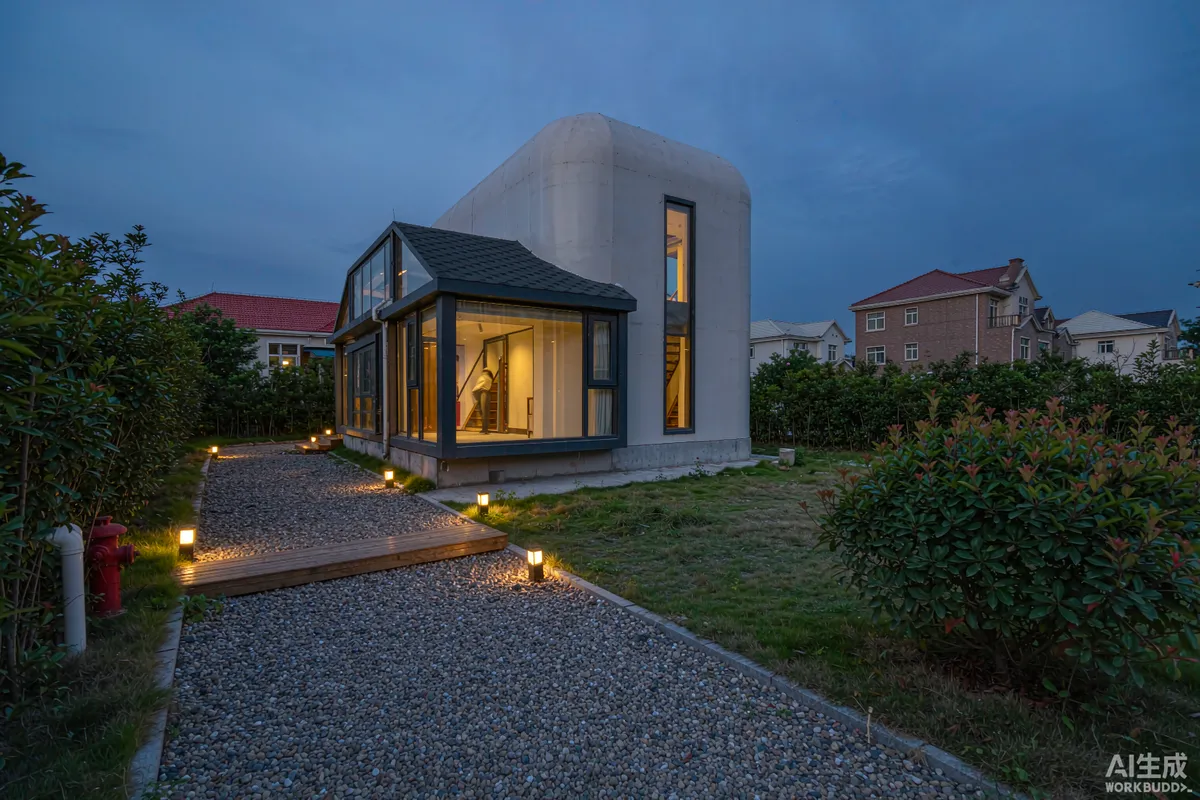 Capsule home at dusk with a softly lit gravel pathway and low-level step lights leading to the entrance