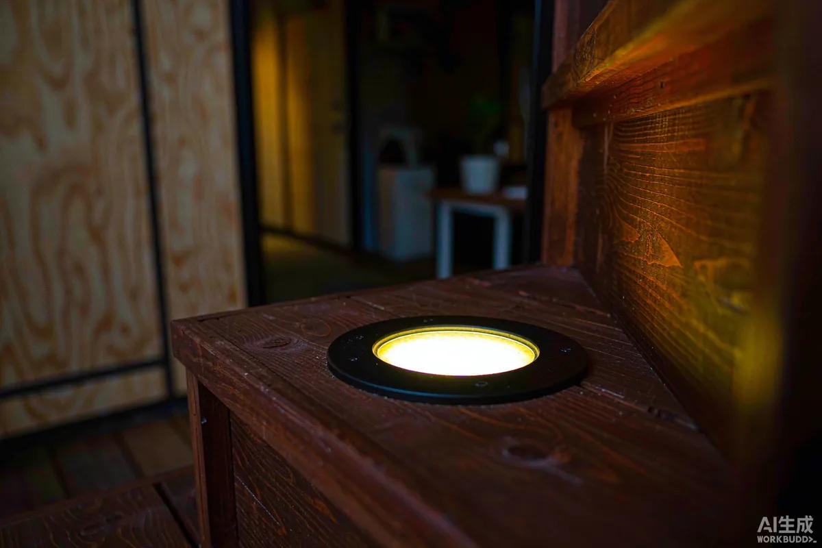 Recessed warm white LED step light in a timber deck stair tread at a capsule home