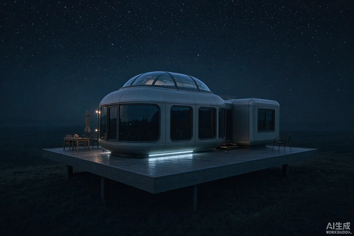 Capsule home deck at night with subtle downward lighting and a starry sky