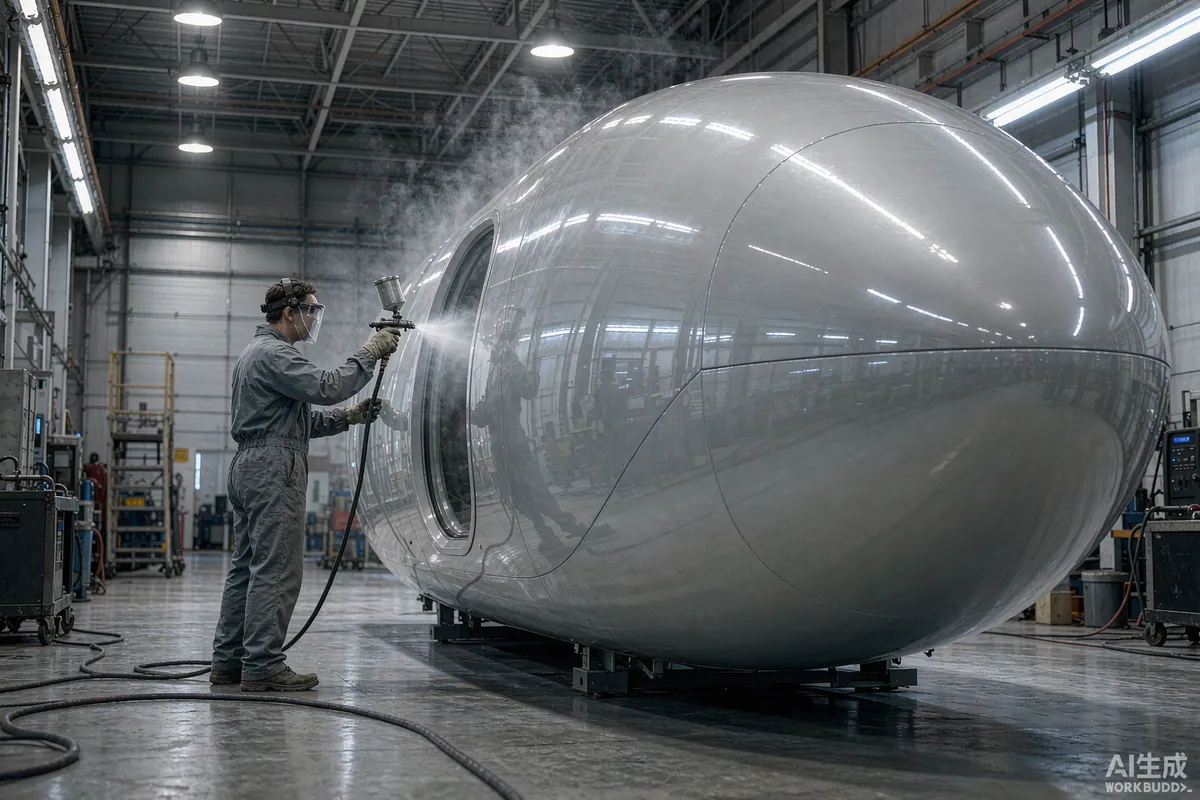 Technician spray finishing the curved shell of a space capsule house in a factory bay