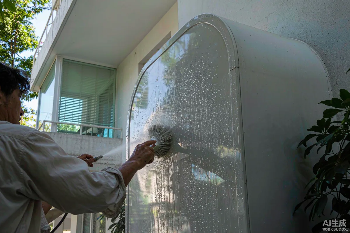 Gentle washing of a capsule home exterior panel with a soft brush and low pressure rinse