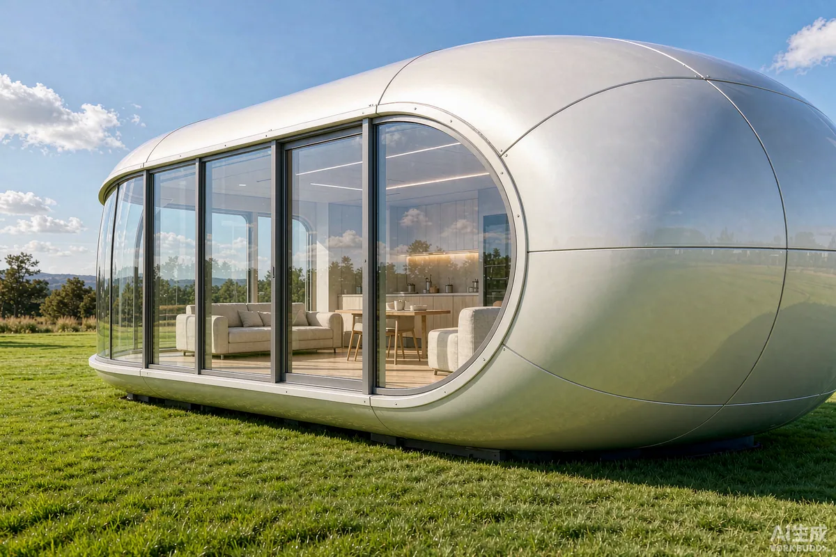 Space capsule house with a freshly refinished pale metallic shell and clean glazing on a sunny lawn