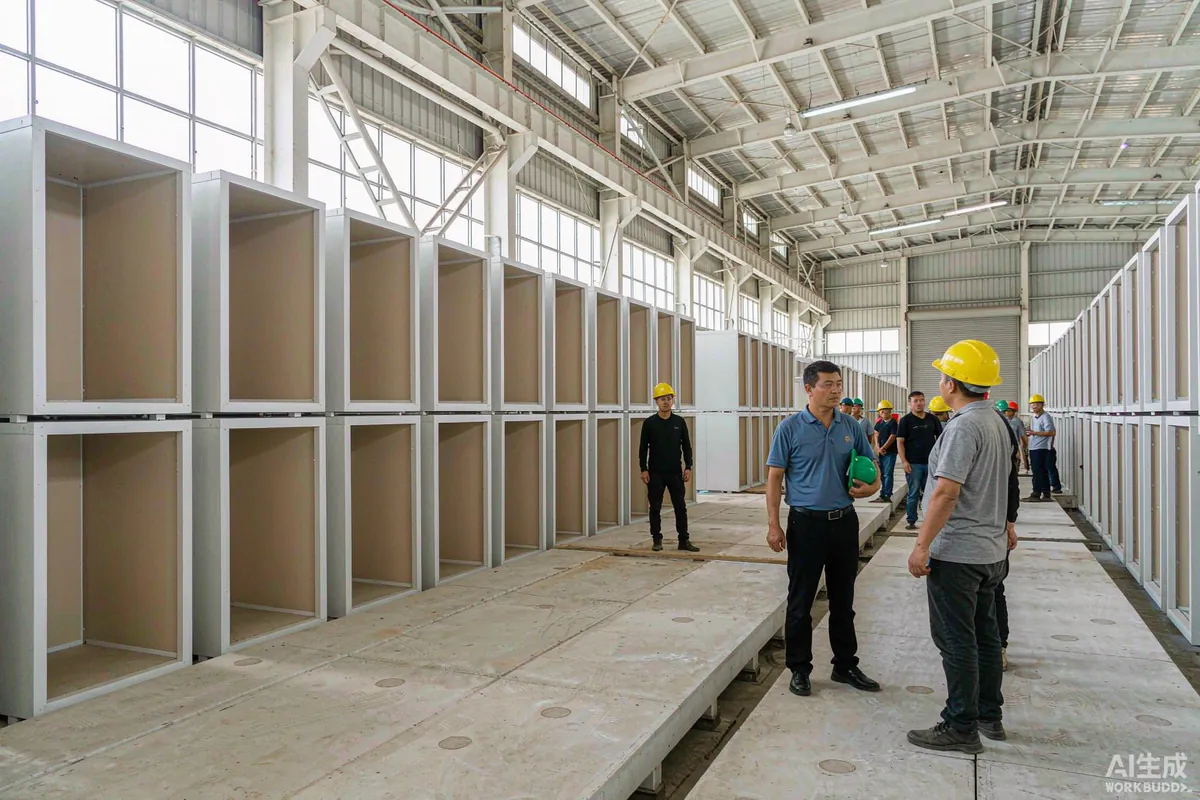 Overseas buyer with a factory engineer walking through a prefab factory floor with finished capsule units