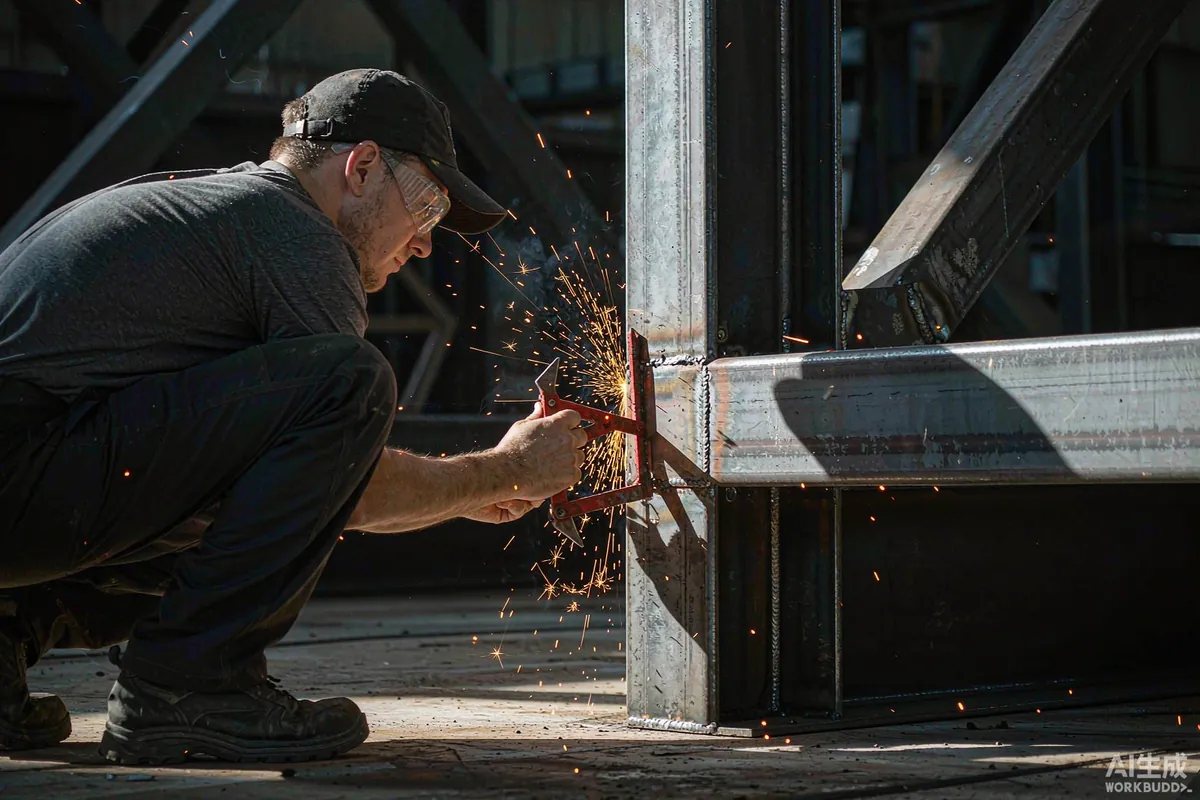 Quality inspector checking a weld seam on a steel frame with a weld gauge