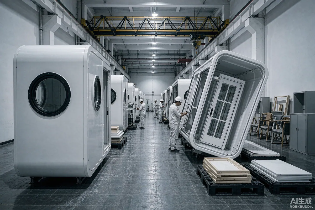 Factory assembly line with workers building capsule home modules under an overhead gantry