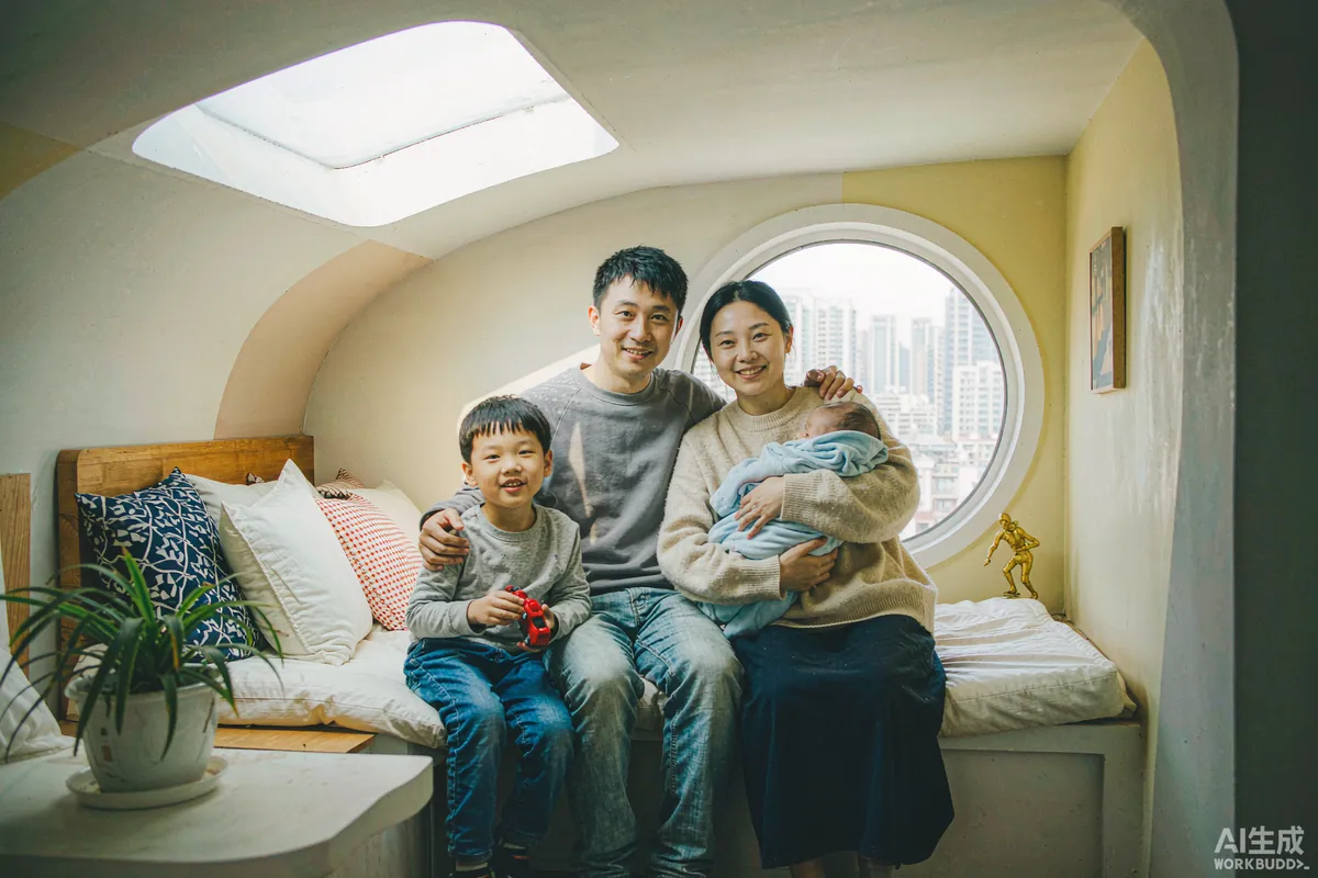 Family of four sitting together inside a capsule home living area with a built-in seating nook
