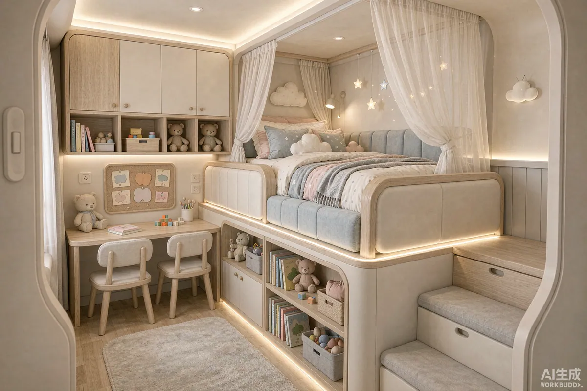 Children's bunk sleeping alcove inside a capsule home with a guard rail and soft lighting