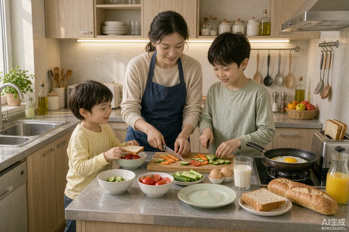 Parent and two children preparing a meal together at a compact kitchenette counter
