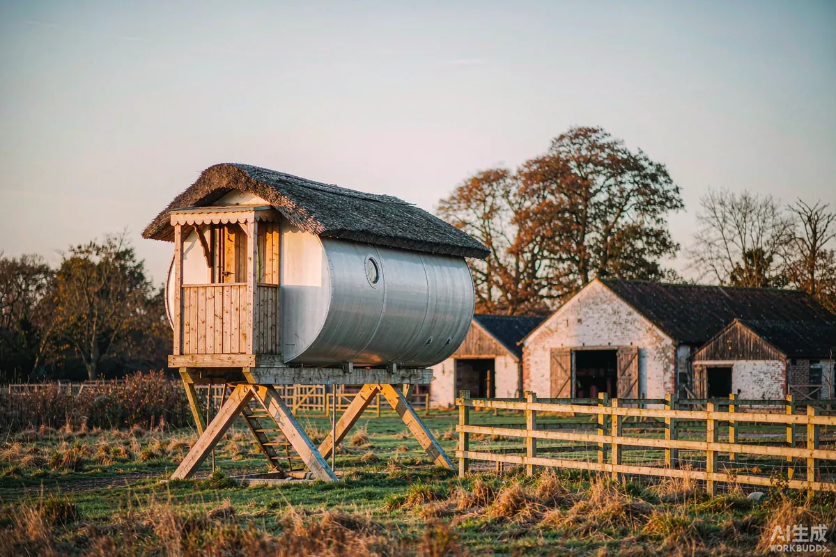 Capsule guest cabin on a grassy field near an old barn and a wooden fence in morning light