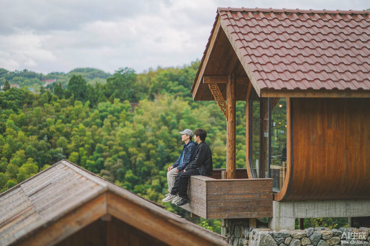 Two visitors sitting on a small deck outside a capsule cabin with a rural valley view