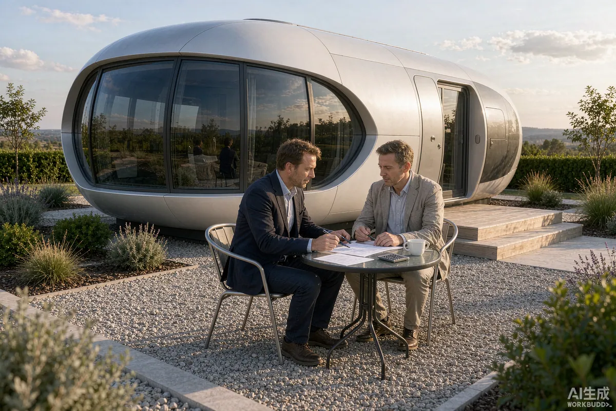 Buyer and factory representative reviewing a contract beside a capsule home on a gravel plot