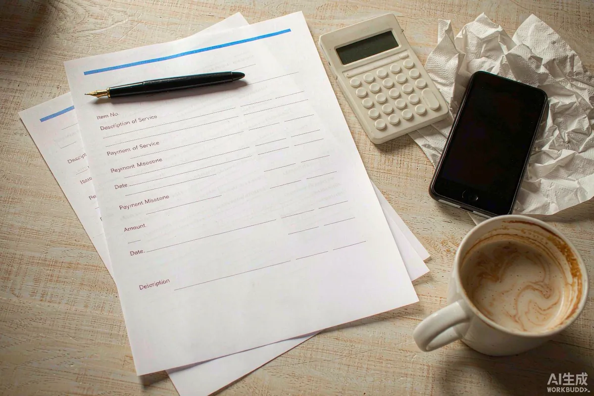 Overhead view of a purchase agreement with a milestone payment schedule, pen and calculator